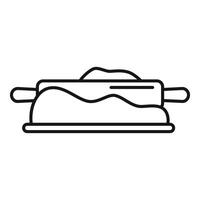 Rolling pin flattening dough on table for baking vector
