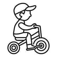 Little boy riding tricycle wearing cap side view line art vector