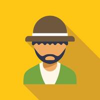 Bearded farmer wearing brown hat and green jacket, flat design illustration vector