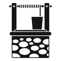 Water well with bucket hanging on rope, simple black icon design vector