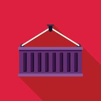 Crane lifting purple cargo container on red background vector