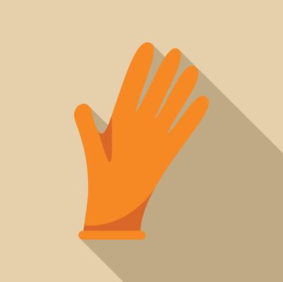 Orange cleaning glove protecting hand on beige background