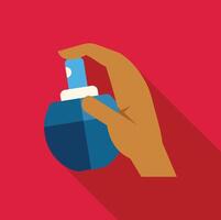 Hand spraying perfume bottle on red background vector