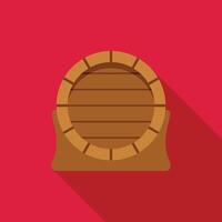 Wooden barrel resting on support on red background, flat design vector