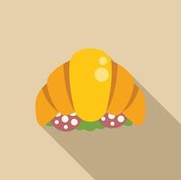 Delicious croissant filled with sausage, cheese, and greens on a beige background vector