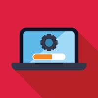 Laptop showing software installation, update or upgrade with progress bar and gear icon vector