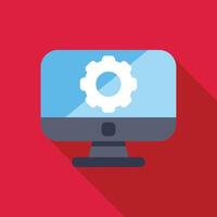 Computer screen showing settings or update installation with gear icon on red background vector