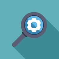 Magnifying glass showing gear setting symbol for finding solution vector