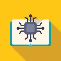 Open book showing microchip and data transmission for machine learning vector