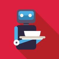 Robot waiter serving food on tray in restaurant automation icon vector