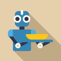 Blue robot waiter holding serving tray with dish in flat design style vector