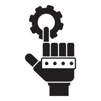 Robotic hand touching gear setting icon showing automation and technology vector
