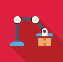 Robotic arm lifting cardboard box on red background vector