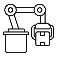 Robotic arm picking up cardboard box from container, automation in warehouse logistics vector