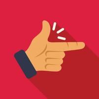 Hand making gun gesture with fingers and thumb raised, snapping fingers, flat design with long shadow on red background vector