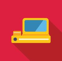 Yellow desktop computer with floppy disk drive and long shadow on red background vector