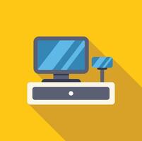 Cash register machine with monitor and barcode scanner on yellow background vector
