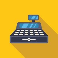 Cash register machine with buttons and display showing total amount on yellow background vector