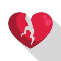 Red broken heart showing long shadow and cracked surface vector