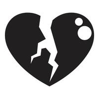 Black broken heart showing a crack and two bubbles vector