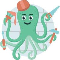 A Cheerful and Playful Octopus Fully Equipped with Various Tools in a Fun DIYThemed Setting vector