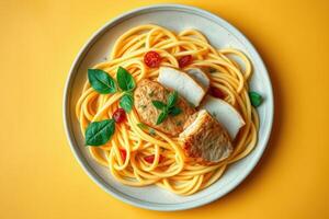 Vibrant Food Photography of Grilled Chicken with Spaghetti Pasta Garnished with Fresh Basil and Cherry Tomatoes on a Bright Yellow Background in a Modern Digital Art Style photo