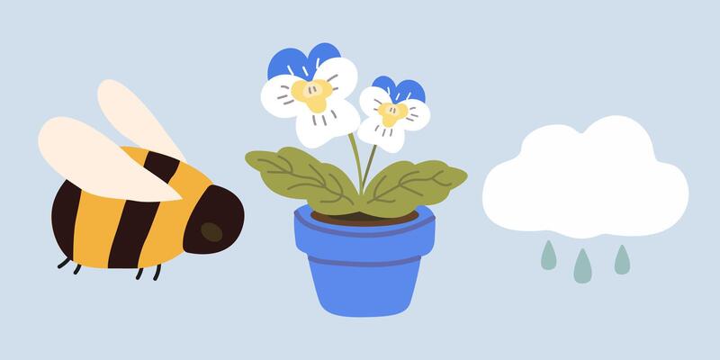 Cute Spring stickers. A flower in a blue pot, bee character, cloud and rain. Springtime elements for poster and greeting cards