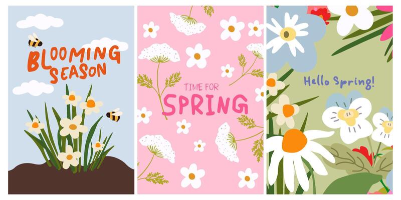 Abstract aesthetic backgrounds set with groovy daisy flowers. Floral banner for decoration Spring events. Illustration design for poster, flyer, greeting card. Hello Spring illustration