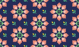 a detailed pattern composed of pixel designs with light orange flowers square on dark blue background , design for fabric or various pattern printing works. vector