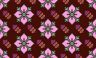 a detailed pattern composed of pixel designs with pink flowers square on dark red background , design for fabric or various pattern printing works. vector