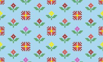 a detailed pattern composed of pixel designs with red,yellow ,pink flowers square on light blue background , design for fabric or various pattern printing works. vector