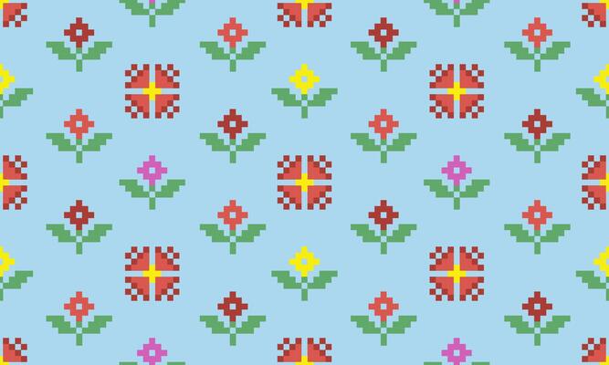 a detailed pattern composed of pixel designs with red,yellow ,pink flowers square on light blue background , design for fabric or various pattern printing works.