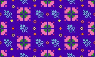 a detailed pattern composed of pixel designs with pink and blue flowers square on dark purple background , design for fabric or various pattern printing works. vector