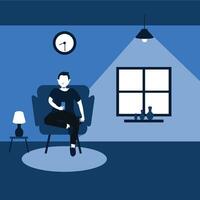 two tone flat cartoons illustrations - a man sitting on his favorite sofa and enjoy with his smart phone at home vector
