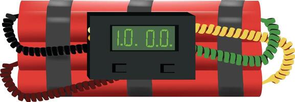 Red dynamite time bomb with digital timer displaying 10 seconds left vector