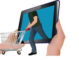 A person holding a tablet computer with a shopping cart vector