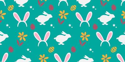 Green seamless pattern with colorful easter eggs, flowers and rabbits vector