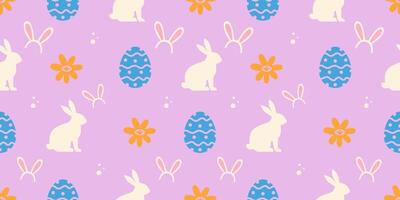 Purple seamless pattern with colorful easter eggs and rabbits vector