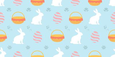 Seamless pattern with colorful blue easter eggs and rabbits vector