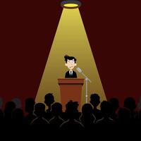 Guy behind a public speaking podium in the spotlight in front of an audience, fear of public speaking, flat style vector