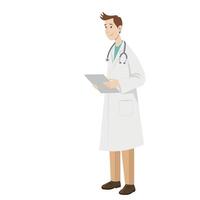 Full length cartoon doctor in white coat and with stethoscope, medical history in hands, flat style, isolate on white vector