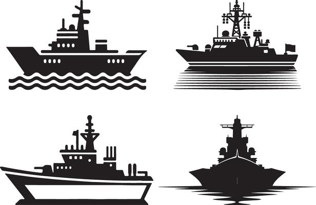 Silhouette of a powerful warship for military and navy projects. Perfect for defense designs, illustrations, and branding. Clean black battleship graphic for creative use