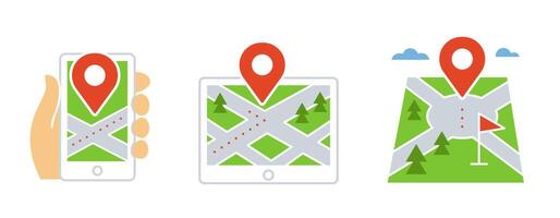 Flat Location Icon Set. Mobile and Tablet Tracking, Destination Marker vector