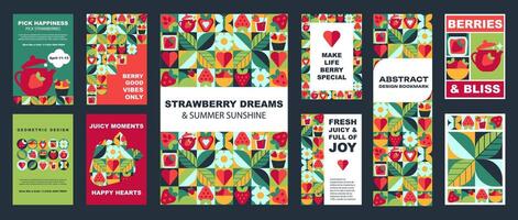 Set of Banners and Posters with Strawberry Pattern in modern geometric design vector