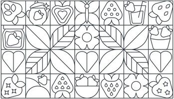 Linear Strawberry Banner and Seamless Ornament in minimalist geometric design vector