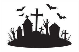 Haunted Graveyard with Rising Hands Eerie Graveyard with Tombstones and Bats vector