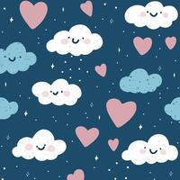 Cute background with a hand drawn clouds and hearts pattern vector