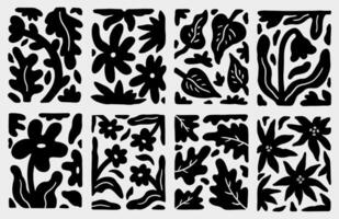 Set of black silhouette designs with an organic, abstract patterns on a light gray background. Curved and irregular shapes resembling leaves or plant-like forms vector
