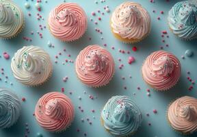 Brightly decorated cupcakes with colorful frosting and sprinkles arranged on a blue background photo