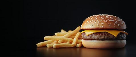 Cheddar cheese burger with fries on a dark background showcasing delicious fast food appeal photo